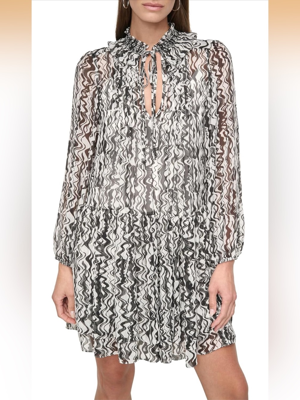 NWT DKNY Black & White Wavy Print Long-Sleeve Babydoll Mini Dress 14
